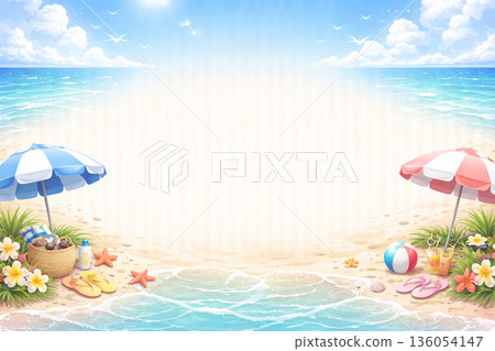 條紋狀的水平背景,描繪了大海、沙灘和遮陽傘。 條紋狀的水平背景,描繪了大海、沙灘和遮陽傘。 136054147