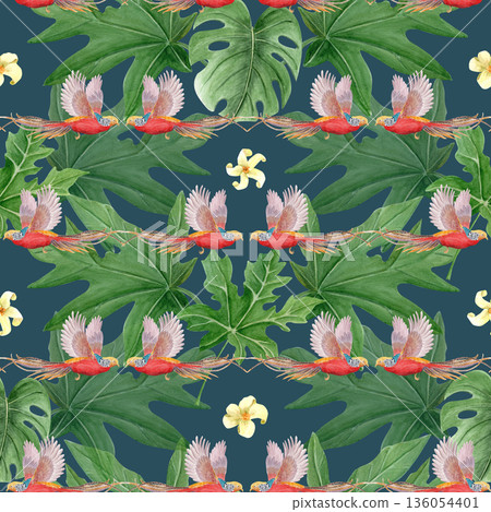 Golden pheasant red birds, yellow flowers, and lush green leaves seamless jungle pattern. Hand-painted in watercolor. Ideal for fashion, home decor, branding, packaging, book design and summer Golden pheasant red birds, yellow flowers, and lush green leaves seamless jungle pattern. Hand-painted in watercolor. Ideal for fashion, home decor, branding, packaging, book design and summer 136054401