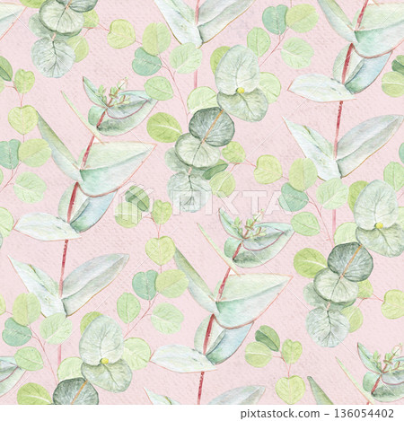 Eucalyptus with soft green leaves on a pastel pink background. Seamless watercolor pattern. Hand-painted perfect for wedding, gift wrapping, textile, eco-friendly packaging, cosmetic branding, home 136054402