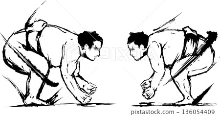相撲比賽的墨繪插圖 136054409
