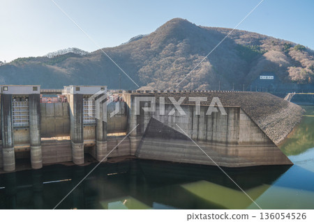 Shichikashuku Town, Miyagi Prefecture Shichikashuku Dam discharge facility and mountain scenery Shichikashuku Town, Miyagi Prefecture Shichikashuku Dam discharge facility and mountain scenery 136054526