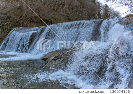 A close-up of the impressive waterfalls of Nametsu Falls in Shichikashuku Town, Miyagi Prefecture A close-up of the impressive waterfalls of Nametsu Falls in Shichikashuku Town, Miyagi Prefecture 136054536