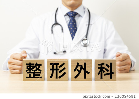 A block with the word "orthopedics" written on it and a doctor A block with the word "orthopedics" written on it and a doctor 136054591