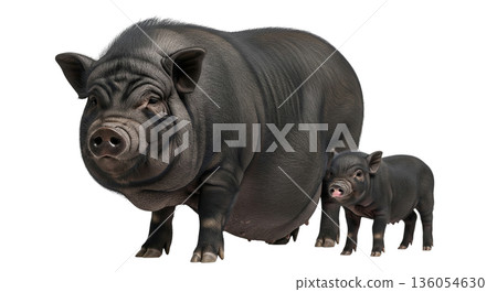 A black Vietnamese pot belly pig stands next to its tiny piglet. Both are on a transparent background. This scene features the bond between the pig and its young one. 136054630