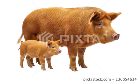 A ginger red Tamworth sow stands next to its piglet. They are isolated on a clear background. The sow appears mature while the piglet looks small and playful. 136054634