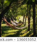 Soft hammocks hanging between verdant trees, offering peaceful relaxation and embracing natural serenity within a lush garden landscape 136055052