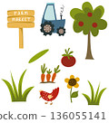 Farmer's Market vector illustration elements. Local organic production set. Tractor work, fruit and vegetable production. tractor work, fruit and vegetable produce, sign to the farmers market 136055141