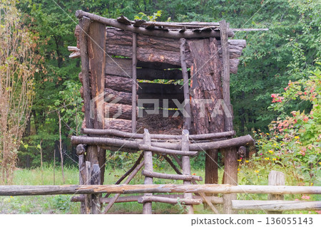 Homemade wooden hut on legs in village. Wild camping. Emergency shelter. Built structure in nature. Homemade wooden hut on legs in village. Wild camping. Emergency shelter. Built structure in nature. 136055143