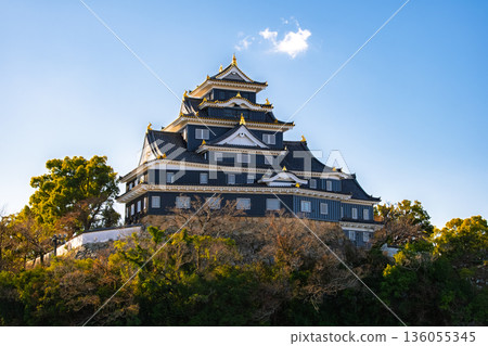 Okayama City: The pitch-black "Okayama Castle (Crow Castle)" castle tower towers against the blue sky Okayama City: The pitch-black "Okayama Castle (Crow Castle)" castle tower towers against the blue sky 136055345