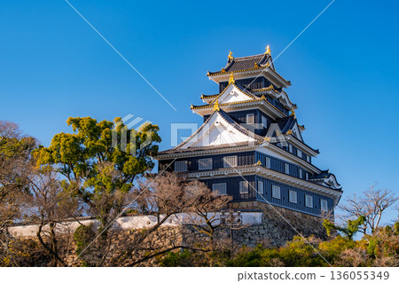 Okayama City: The pitch-black "Okayama Castle (Crow Castle)" castle tower towers against the blue sky Okayama City: The pitch-black "Okayama Castle (Crow Castle)" castle tower towers against the blue sky 136055349