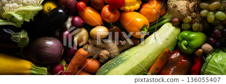 Fresh vegetables and fruits are arranged on a dark surface, showing a variety of colors and shapes. This was captured after a recent harvest from a local farm, banner 136055407