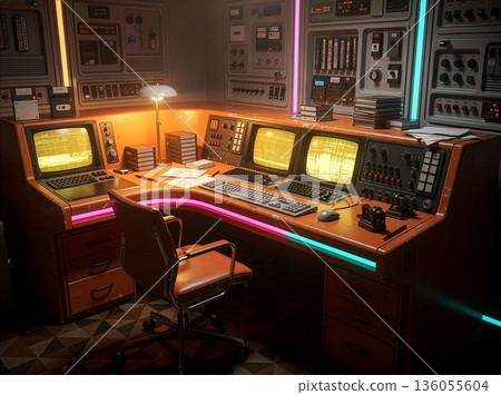 Retro Control Room with Vintage Computers and Neon Lights for Data Operations 136055604