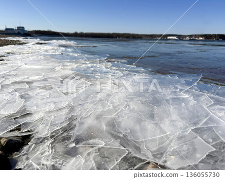 Cracked ice on a rocky shore of a thawed lake under a bright spring blue sky. A contrast of melting cold and warm seasonal renewal 136055730