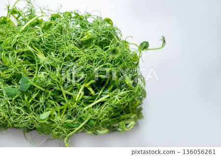 Fresh pea microgreens with dewdrops on delicate tendrils, placed on a light background. A vibrant and healthy ingredient rich in vitamins for salads, smoothies, and gourmet dishes Fresh pea microgreens with dewdrops on delicate tendrils, placed on a light background. A vibrant and healthy ingredient rich in vitamins for salads, smoothies, and gourmet dishes 136056261