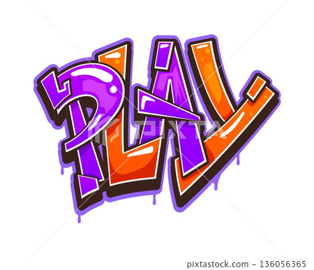 Play urban graffiti, urban wall artwork typography. Urban graffiti tag, street airbrush vector spray text. Hip Hop cool artwork or ghetto wall paint drawing with orange and purple glossy letters Play urban graffiti, urban wall artwork typography. Urban graffiti tag, street airbrush vector spray text. Hip Hop cool artwork or ghetto wall paint drawing with orange and purple glossy letters 136056365