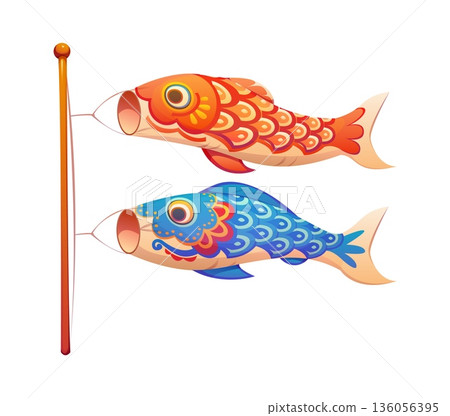 Japanese toy or Koinobori windsock streamer or carp fish kite, cartoon vector. Japan culture and handicraft art toy of Tango no sekku ceremony, Koinbory carp streamer with Japanese pattern ornament Japanese toy or Koinobori windsock streamer or carp fish kite, cartoon vector. Japan culture and handicraft art toy of Tango no sekku ceremony, Koinbory carp streamer with Japanese pattern ornament 136056395