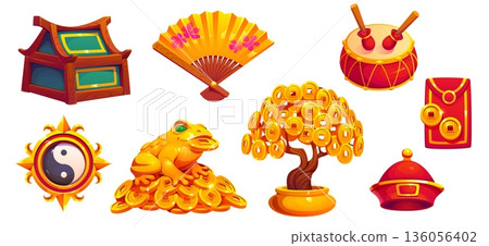 Chinese New Year fortune symbols of Asian lunar holiday, vector game asset icons. Money toad with golden coins yuanbao, Yin Yang sign and treasure chest with celebration drum and red envelope gift 136056402