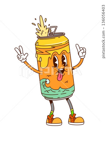 Cartoon retro groovy soda drink tin can character with splash, expressive eyes, tongue out and arms raised in playful gesture. Vector beverage personage in trendy sneakers exudes nostalgic hippie vibe 136056403