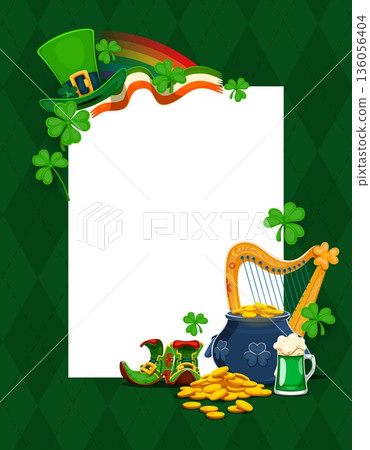 Happy Saint Patrick's Day holiday banner, vector Ireland festival. Cartoon hat and shoes, Patrick's Day green beer, lucky shamrock clovers and rainbow, irish flag and pot of gold coins greeting banner Happy Saint Patrick's Day holiday banner, vector Ireland festival. Cartoon hat and shoes, Patrick's Day green beer, lucky shamrock clovers and rainbow, irish flag and pot of gold coins greeting banner 136056404