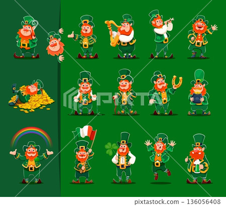 Funny leprechaun characters, happy st patricks day personages. Ireland folk holiday happy vector character. Saint Patrick cute leprechaun playing on harp, dancing, drinking ale and waving Irish flag Funny leprechaun characters, happy st patricks day personages. Ireland folk holiday happy vector character. Saint Patrick cute leprechaun playing on harp, dancing, drinking ale and waving Irish flag 136056408