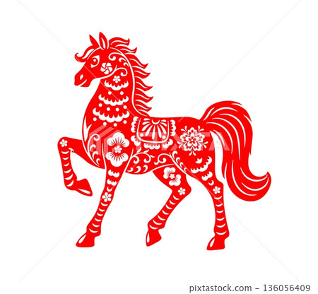 Papercut Chinese Lunar New Year horse. Vibrant red animal decorated with intricate flowers, ruffles, petals, dots, and swirls. Ornate vector design for festive decorations, or cultural projects Papercut Chinese Lunar New Year horse. Vibrant red animal decorated with intricate flowers, ruffles, petals, dots, and swirls. Ornate vector design for festive decorations, or cultural projects 136056409