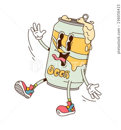 Retro cartoon groovy beer can alcohol drink vector character happily walking to party with playful hippie vibe and erupting foam. Vector y2k tin can beverage personage embodies fun and enjoyment 136056415