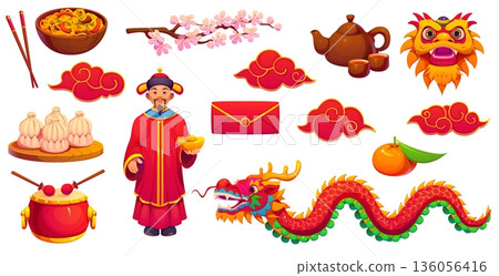 Chinese lunar New Year holiday characters and icons, vector symbols of wealth and fortune. God of Prosperity, red envelope gift and tangerine with celebration drum and dragon of Chinatown CNY festival Chinese lunar New Year holiday characters and icons, vector symbols of wealth and fortune. God of Prosperity, red envelope gift and tangerine with celebration drum and dragon of Chinatown CNY festival 136056416