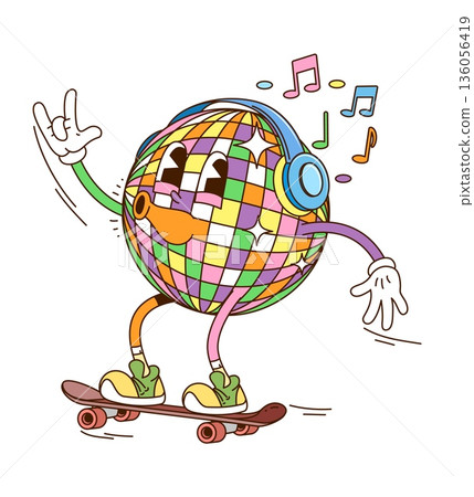 Cartoon groovy disco ball character skating with headphones and whistling a melody. Retro vector hippie y2k personage full music vibe and color notes, symbol of freedom, youth, and vintage disco fun Cartoon groovy disco ball character skating with headphones and whistling a melody. Retro vector hippie y2k personage full music vibe and color notes, symbol of freedom, youth, and vintage disco fun 136056419