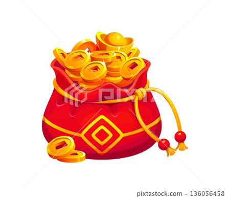 Chinese red lucky money bag or fortune pouch with golden coins, vector Asian purse wallet. Hebao lucky pouch or happy bag with coins and yuanbao sycee or gold ingot for Chinese lunar New Year Chinese red lucky money bag or fortune pouch with golden coins, vector Asian purse wallet. Hebao lucky pouch or happy bag with coins and yuanbao sycee or gold ingot for Chinese lunar New Year 136056458