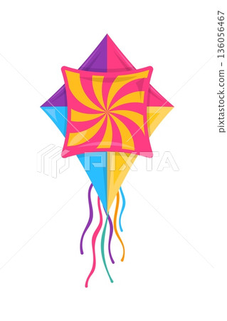 Color festival paper kite with diamond shape and star with ribbons hanging from corners. Cartoon vector kids toy for fun game. Traditional Indian flying kite with blue, orange, pink and purple colors Color festival paper kite with diamond shape and star with ribbons hanging from corners. Cartoon vector kids toy for fun game. Traditional Indian flying kite with blue, orange, pink and purple colors 136056467