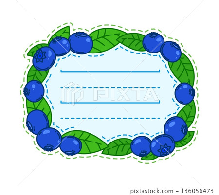 Ripe blueberry kids memo note frame with ripe blueberries. Cartoon vector oval label bordered with vibrant berries and green leaves and dashed lines for text. Template for recipe cards, kitchen tags Ripe blueberry kids memo note frame with ripe blueberries. Cartoon vector oval label bordered with vibrant berries and green leaves and dashed lines for text. Template for recipe cards, kitchen tags 136056473