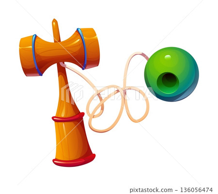 Traditional Japanese kendama toy with wooden handle and green ball attached by string, isolated on white background. Cartoon vector classic Japanese skill game for balance, focus and coordination Traditional Japanese kendama toy with wooden handle and green ball attached by string, isolated on white background. Cartoon vector classic Japanese skill game for balance, focus and coordination 136056474