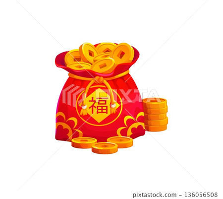 Red Chinese lucky money bag, fortune pouch with golden coins and ingots, Asian happy wallet. Traditional silk pouch tied with a golden rope. Cartoon vector icon for Lunar New Year designs Red Chinese lucky money bag, fortune pouch with golden coins and ingots, Asian happy wallet. Traditional silk pouch tied with a golden rope. Cartoon vector icon for Lunar New Year designs 136056508