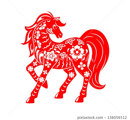 Festive papercut Chinese Lunar New Year horse. Red horse with a gorgeous tail and mane is stamping its hoof. Traditional Chinese symbol with floral and wave patterns for holiday decorations 136056512