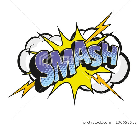 Cartoon pop art smash sound effect comic speech bubble, explosion tag in blue purple lettering. Surrounded by dramatic lightning bolts, clouds, and a yellow burst, delivers action, impactful energy 136056513
