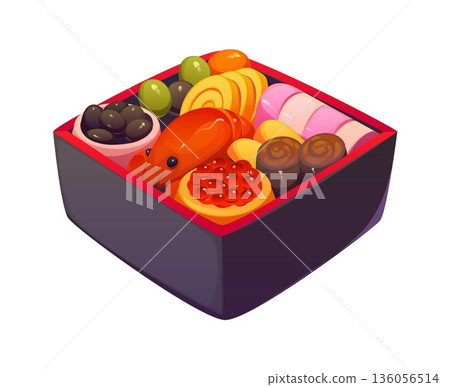 Cartoon Japanese New Year bento box filled with holiday food meal assortment. Vector shrimp, rice rolls, roe, olives, omelette and sweets. Traditional dish arranged in square container for celebration Cartoon Japanese New Year bento box filled with holiday food meal assortment. Vector shrimp, rice rolls, roe, olives, omelette and sweets. Traditional dish arranged in square container for celebration 136056514