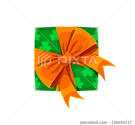 Cartoon gift box wrapped in green paper with shamrock pattern and orange ribbon bow. Festive present symbol for Irish Saint Patrick holiday celebration. Isolated vector square package icon, game asset Cartoon gift box wrapped in green paper with shamrock pattern and orange ribbon bow. Festive present symbol for Irish Saint Patrick holiday celebration. Isolated vector square package icon, game asset 136056517
