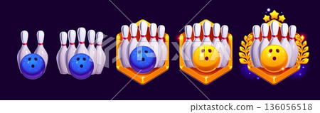 Bowling game rank badge, sport award and medal vector heraldry icons. Cartoon bowling ball and pins progressing to golden trophy with stars and laurel wreath, sport game achievement rank badges 136056518