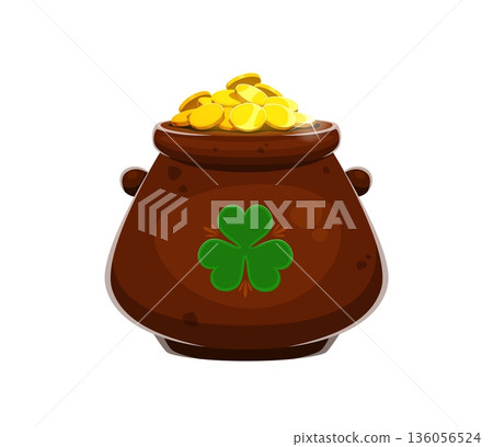 Saint Patrick's Day pot with golden coins for Irish holiday game asset, cartoon vector icons. Cauldron full of leprechaun gold money coins with shamrock clover leaf symbol of luck for St Patrick day Saint Patrick's Day pot with golden coins for Irish holiday game asset, cartoon vector icons. Cauldron full of leprechaun gold money coins with shamrock clover leaf symbol of luck for St Patrick day 136056524
