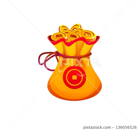 Yellow Asian fortune pouch and purse, Chinese lucky money bag, happy wallet with golden coins. Vibrant vector sack representing good fortune and blessing. Cartoon silk purse for Asian holidays Yellow Asian fortune pouch and purse, Chinese lucky money bag, happy wallet with golden coins. Vibrant vector sack representing good fortune and blessing. Cartoon silk purse for Asian holidays 136056526