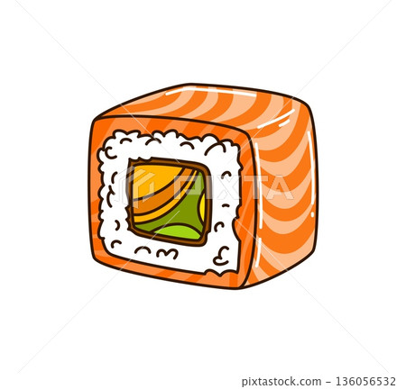 Cartoon funny groovy Japanese sushi with salmon, mango, cucumber, and avocado. Retro vector roll with fresh ingredients for funky restaurant menus, food branding, or quirky culinary stickers 136056532