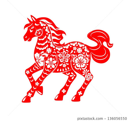 Papercut Chinese Lunar New Year horse. Red vector horse decorated with flowers, petals and curls, runs. Festive mascot for adding authentic Lunar New Year charm to invitations, and packaging 136056550