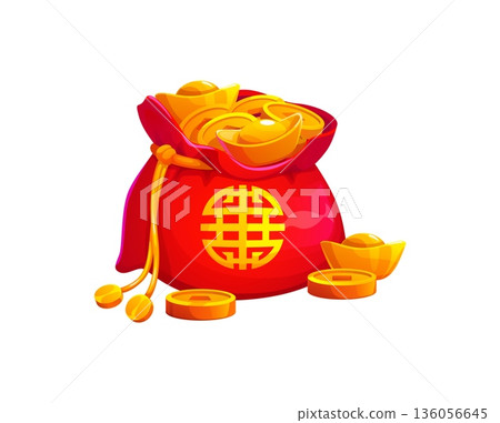Cartoon Chinese lucky money bag and fortune pouch with golden coins and ingots, Asian happy wallet. Vector purse filled with shiny gold coins for happy Asian New Year greetings, or festive websites Cartoon Chinese lucky money bag and fortune pouch with golden coins and ingots, Asian happy wallet. Vector purse filled with shiny gold coins for happy Asian New Year greetings, or festive websites 136056645