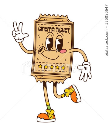 Groovy movie cinema ticket character with funky face, retro cartoon vector. Groovy funny cinema theater or movie ticket silly whistling in good vibes and positive emotions for retro cartoon character 136056647