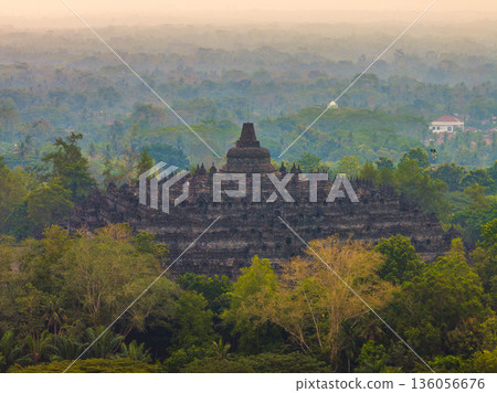 Aerial view of Borobudur temple at sunrise, Yogyakarta. Java, Indonesia 136056676
