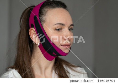young woman in lifting bandage face mask for face contour correction and wrinkle control. Home facial skin care 136056704