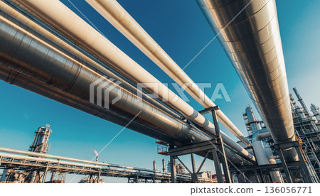 Blue sky and well-maintained factory plant piping - ecological image 136056771