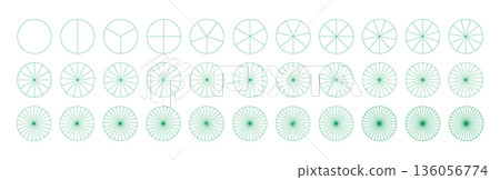 Pie, pizza chart template. Segmented charts from 1 to 33 segments. Segments round infographic. Diagram wheel parts. Sectors divide the circle on equal parts from one to thirty three. Green graphics. 136056774