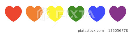 Hearts in Rainbow flag colours. Gay pride Heart frames. Progress Logo symbol. LGBT flat icons. Set of stickers. Red, orange, yellow, green, blue, violet Heart badge, button collection. Template design 136056778