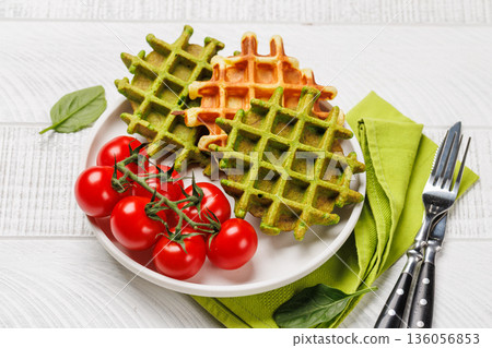Green vegan spinach waffles top view 136056853